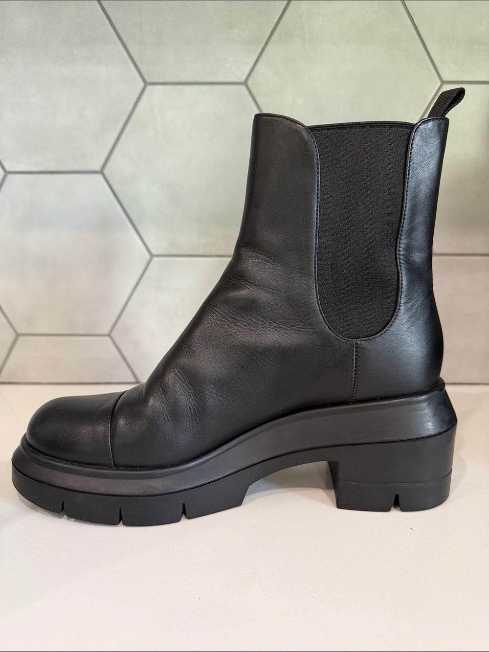 Stuart Weitzman Black Leather Platform Lug Boots - Picture 10 of 14